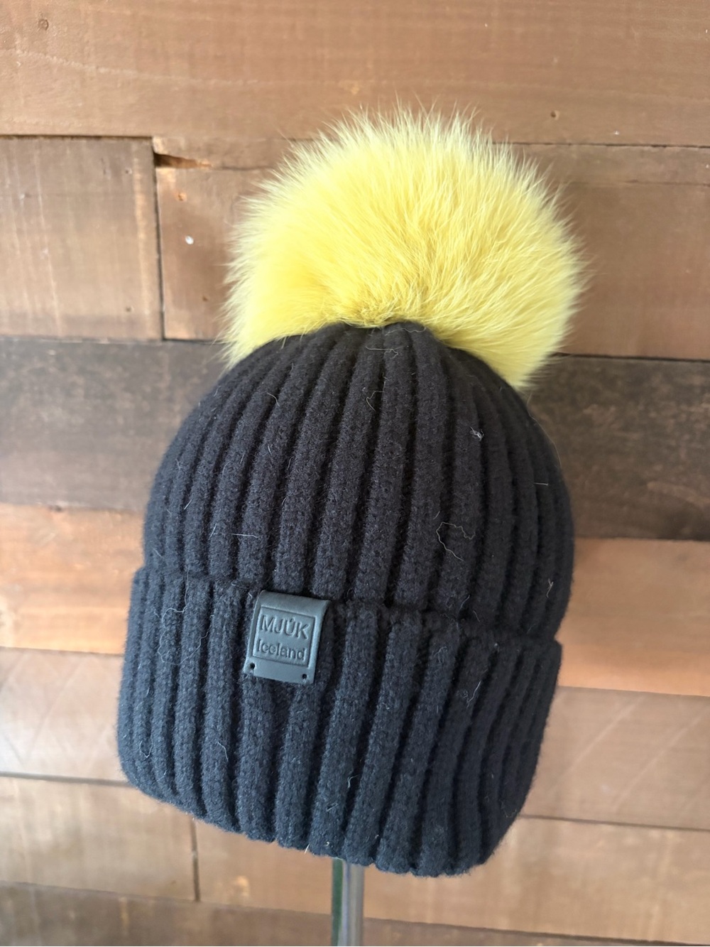 Muk Luks Black Ribbed Knit Beanie with Yellow Faux Fur Pom